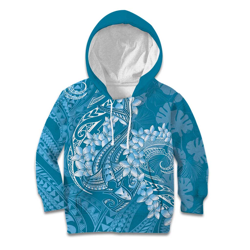 Blue Polynesia Hammerhead Shark Tattoo With Plumeria Lei Kid Hoodie