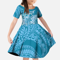 Blue Polynesia Hammerhead Shark Tattoo With Plumeria Lei Kid Short Sleeve Dress