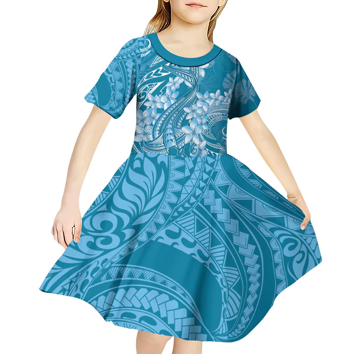 Blue Polynesia Hammerhead Shark Tattoo With Plumeria Lei Kid Short Sleeve Dress