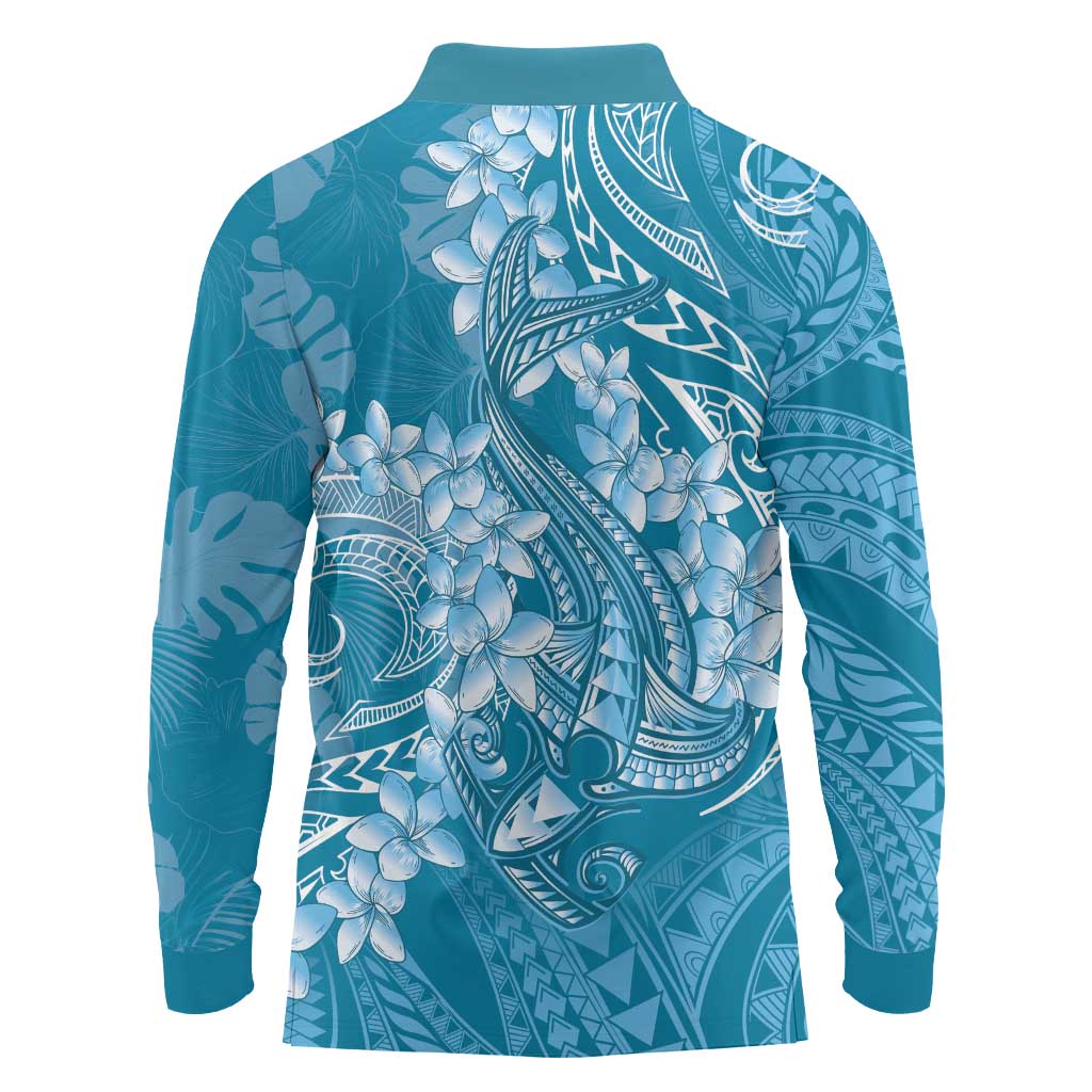 Blue Polynesia Hammerhead Shark Tattoo With Plumeria Lei Long Sleeve Polo Shirt LT14 - Polynesian Pride
