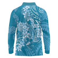 Blue Polynesia Hammerhead Shark Tattoo With Plumeria Lei Long Sleeve Polo Shirt LT14 - Polynesian Pride