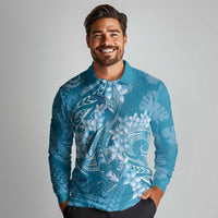 Blue Polynesia Hammerhead Shark Tattoo With Plumeria Lei Long Sleeve Polo Shirt LT14 - Polynesian Pride