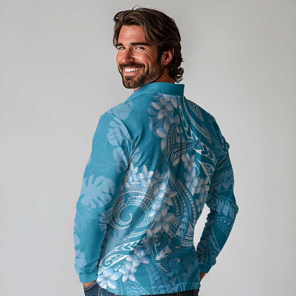 Blue Polynesia Hammerhead Shark Tattoo With Plumeria Lei Long Sleeve Polo Shirt LT14 - Polynesian Pride