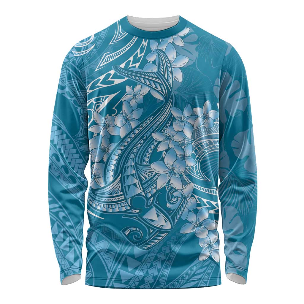 Blue Polynesia Hammerhead Shark Tattoo With Plumeria Lei Long Sleeve Shirt