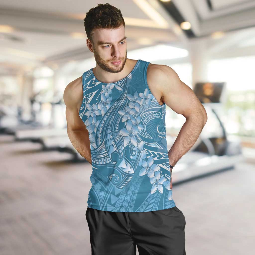 Blue Polynesia Hammerhead Shark Tattoo With Plumeria Lei Men Tank Top