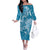 Blue Polynesia Hammerhead Shark Tattoo With Plumeria Lei Off The Shoulder Long Sleeve Dress