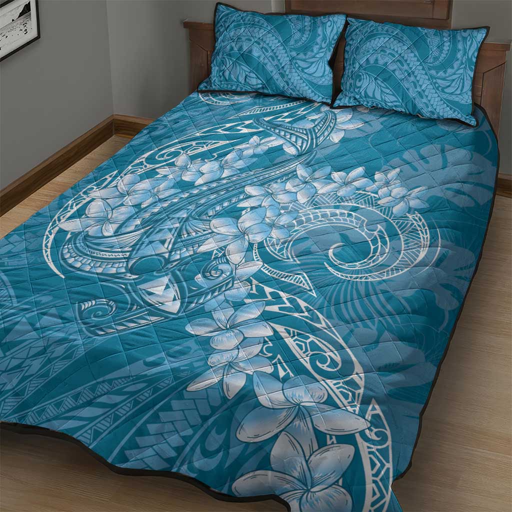 Blue Polynesia Hammerhead Shark Tattoo With Plumeria Lei Quilt Bed Set