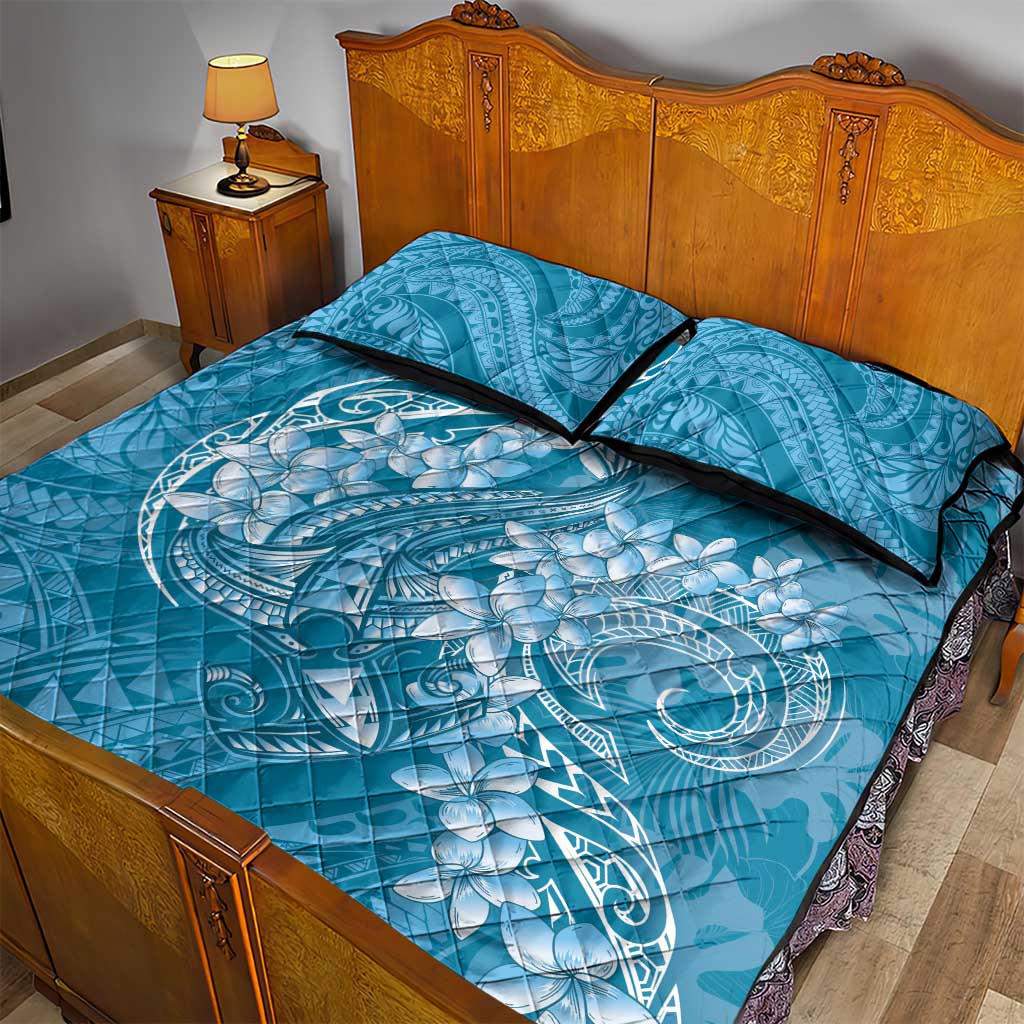 Blue Polynesia Hammerhead Shark Tattoo With Plumeria Lei Quilt Bed Set