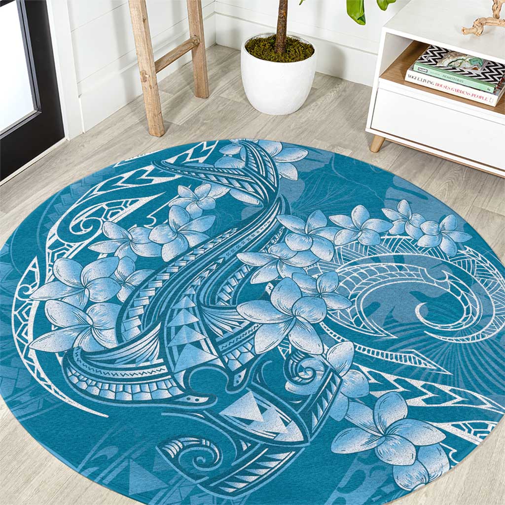 Blue Polynesia Hammerhead Shark Tattoo With Plumeria Lei Round Carpet