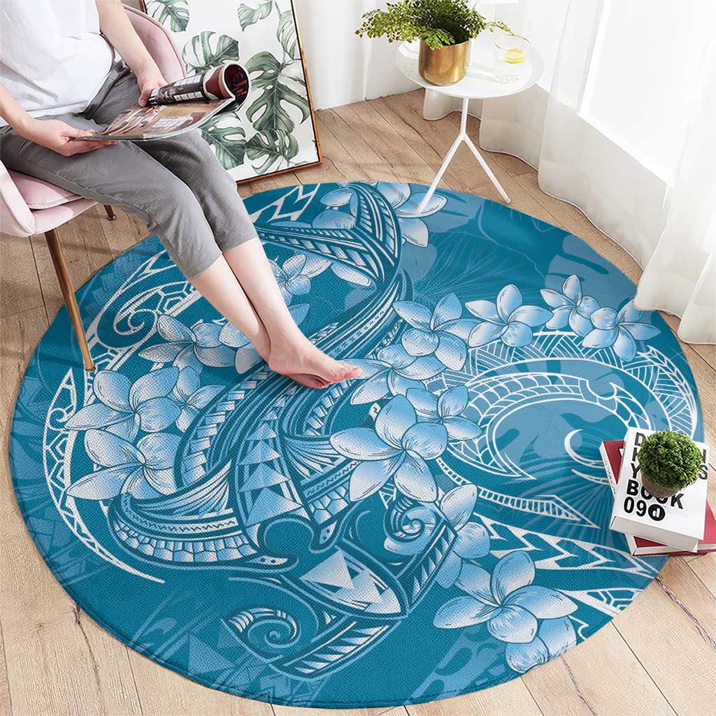 Blue Polynesia Hammerhead Shark Tattoo With Plumeria Lei Round Carpet