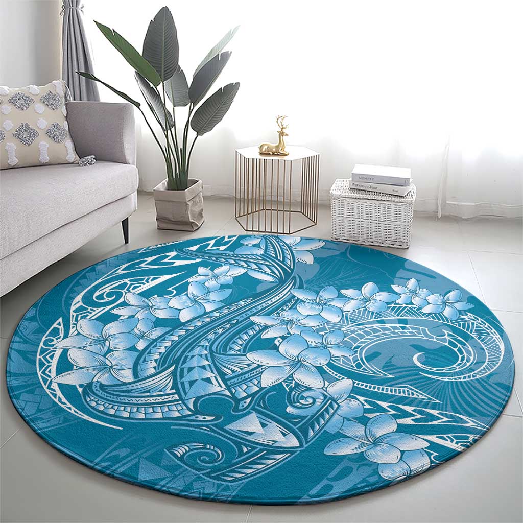 Blue Polynesia Hammerhead Shark Tattoo With Plumeria Lei Round Carpet