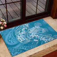 Blue Polynesia Hammerhead Shark Tattoo With Plumeria Lei Rubber Doormat