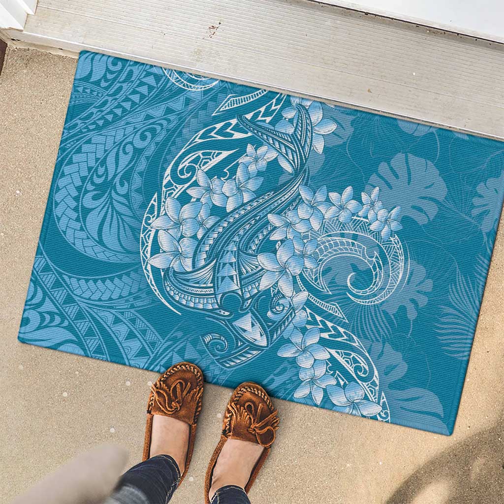 Blue Polynesia Hammerhead Shark Tattoo With Plumeria Lei Rubber Doormat