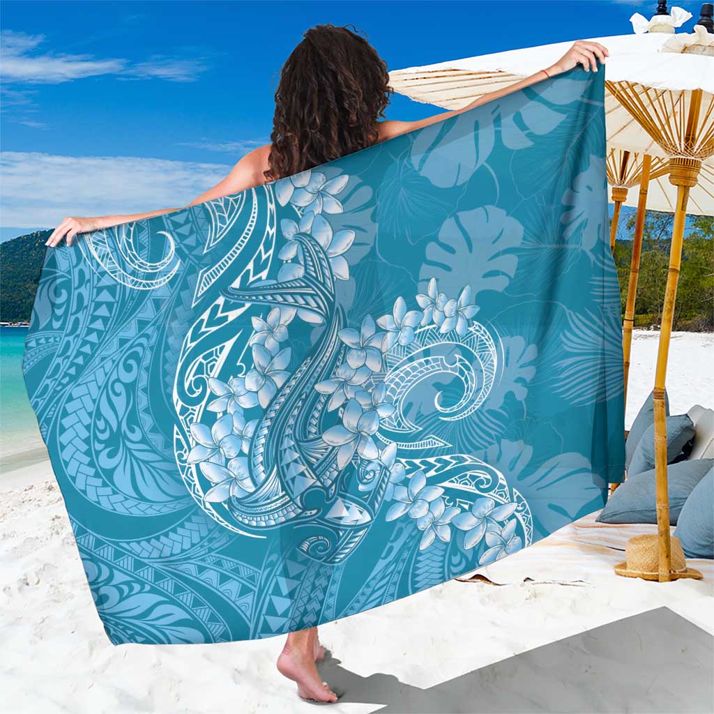 Blue Polynesia Hammerhead Shark Tattoo With Plumeria Lei Sarong