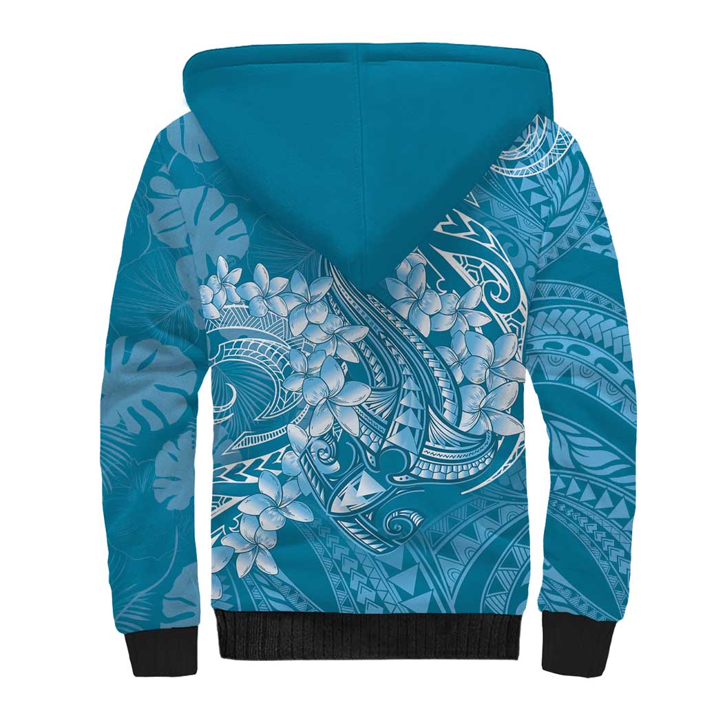 Blue Polynesia Hammerhead Shark Tattoo With Plumeria Lei Sherpa Hoodie