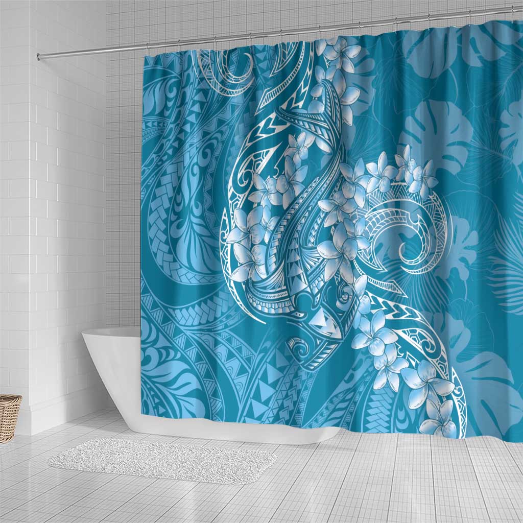 Blue Polynesia Hammerhead Shark Tattoo With Plumeria Lei Shower Curtain