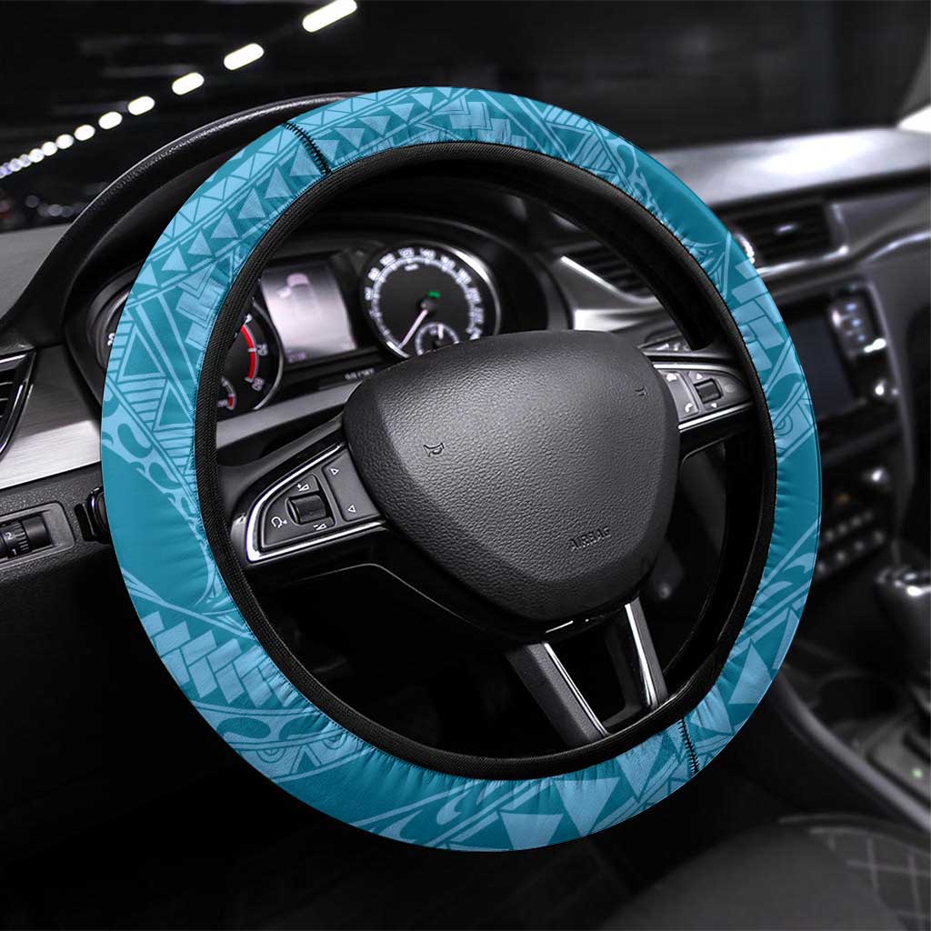 Blue Polynesia Hammerhead Shark Tattoo With Plumeria Lei Steering Wheel Cover