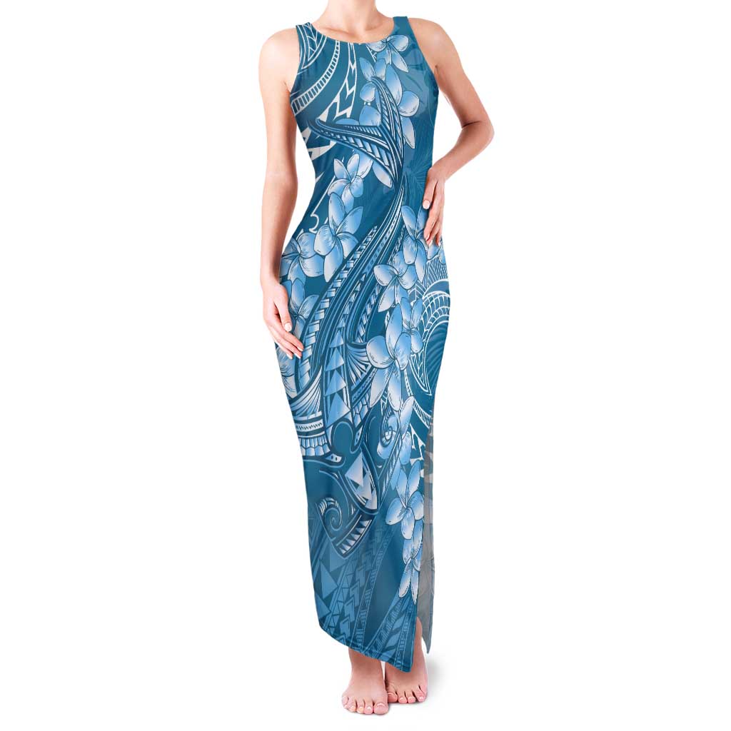 Blue Polynesia Hammerhead Shark Tattoo With Plumeria Lei Tank Maxi Dress
