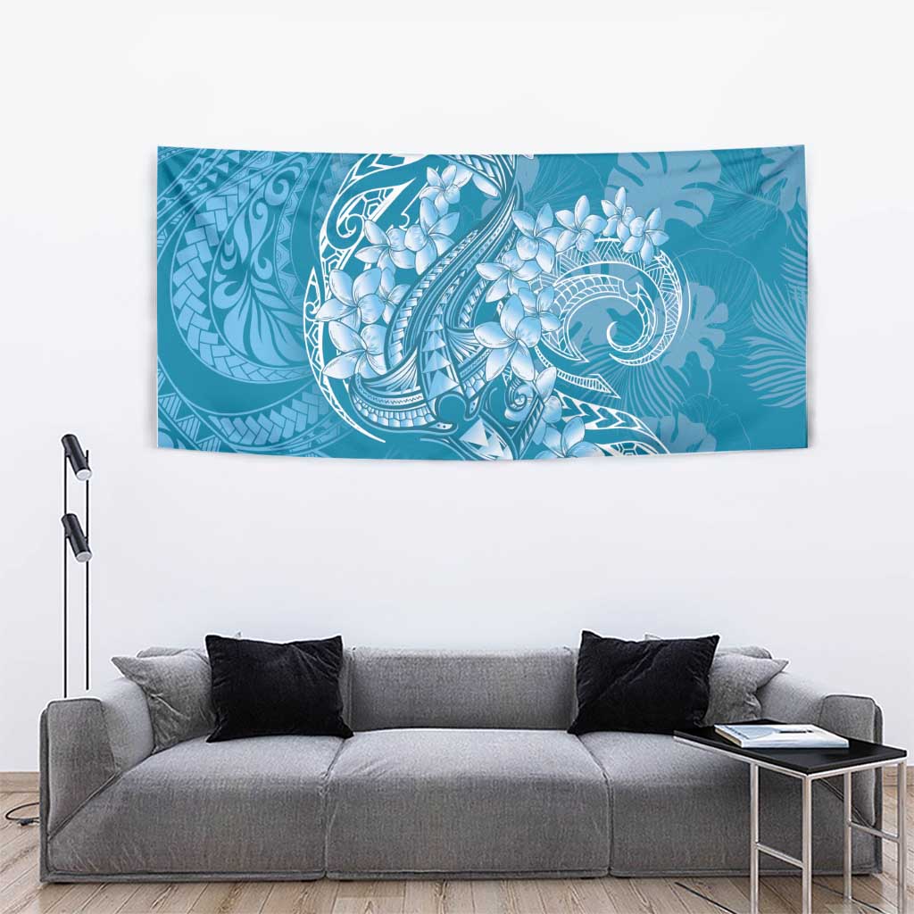 Blue Polynesia Hammerhead Shark Tattoo With Plumeria Lei Tapestry