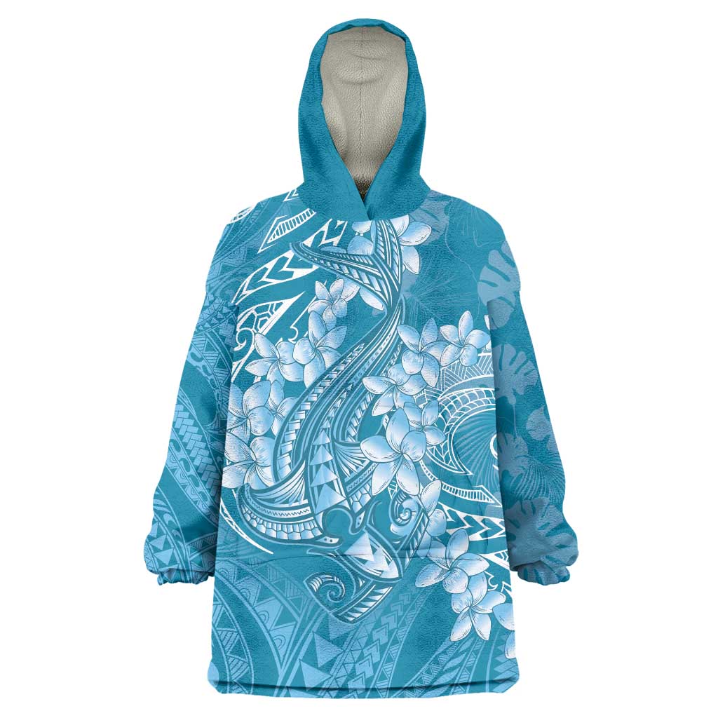 Blue Polynesia Hammerhead Shark Tattoo With Plumeria Lei Wearable Blanket Hoodie