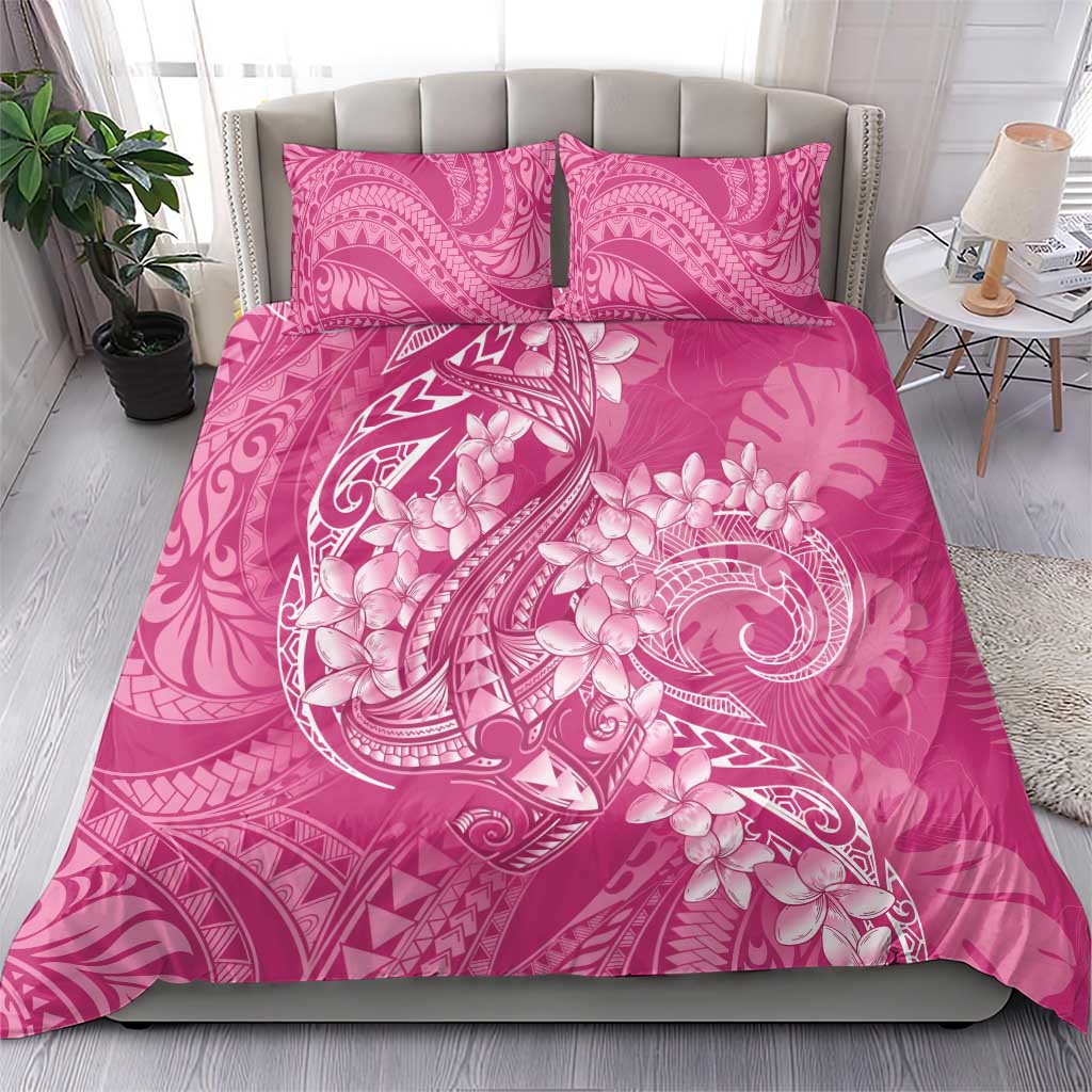 Pink Polynesia Hammerhead Shark Tattoo With Plumeria Lei Bedding Set