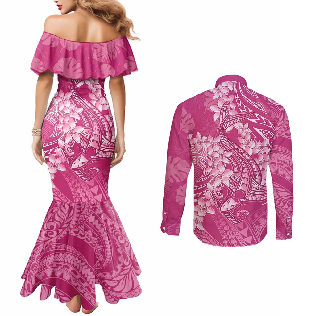 Pink Polynesia Hammerhead Shark Tattoo With Plumeria Lei Couples Matching Mermaid Dress and Long Sleeve Button Shirt