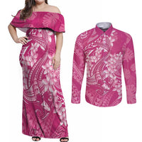 Pink Polynesia Hammerhead Shark Tattoo With Plumeria Lei Couples Matching Off Shoulder Maxi Dress and Long Sleeve Button Shirt