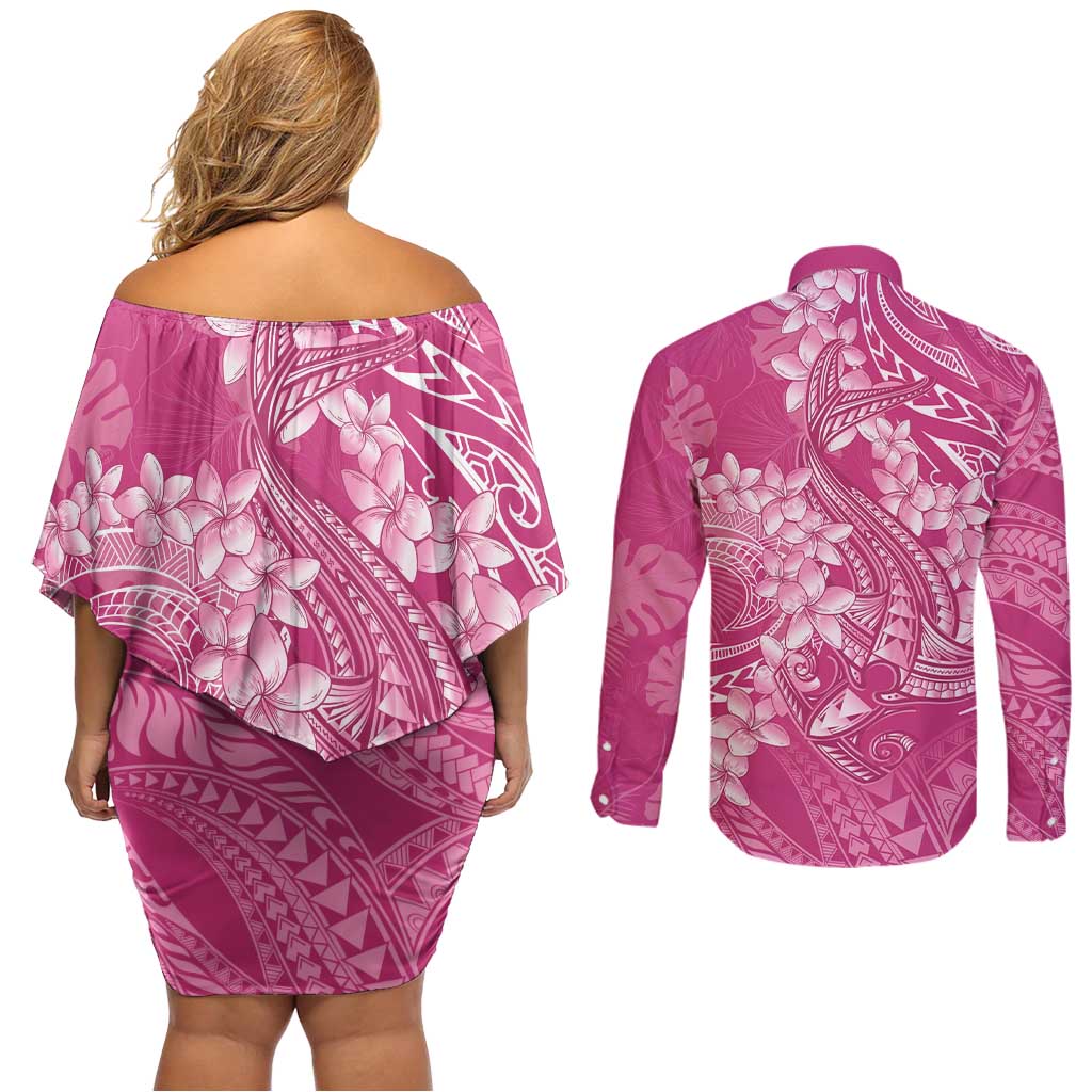 Pink Polynesia Hammerhead Shark Tattoo With Plumeria Lei Couples Matching Off Shoulder Short Dress and Long Sleeve Button Shirt