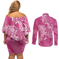 Pink Polynesia Hammerhead Shark Tattoo With Plumeria Lei Couples Matching Off Shoulder Short Dress and Long Sleeve Button Shirt