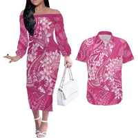 Pink Polynesia Hammerhead Shark Tattoo With Plumeria Lei Couples Matching Off The Shoulder Long Sleeve Dress and Hawaiian Shirt LT14 Pink - Polynesian Pride