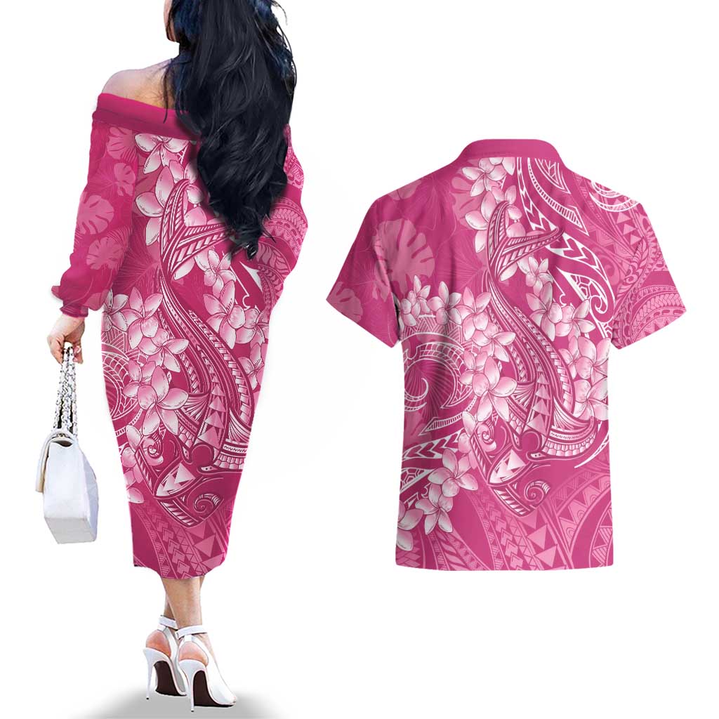Pink Polynesia Hammerhead Shark Tattoo With Plumeria Lei Couples Matching Off The Shoulder Long Sleeve Dress and Hawaiian Shirt LT14 - Polynesian Pride