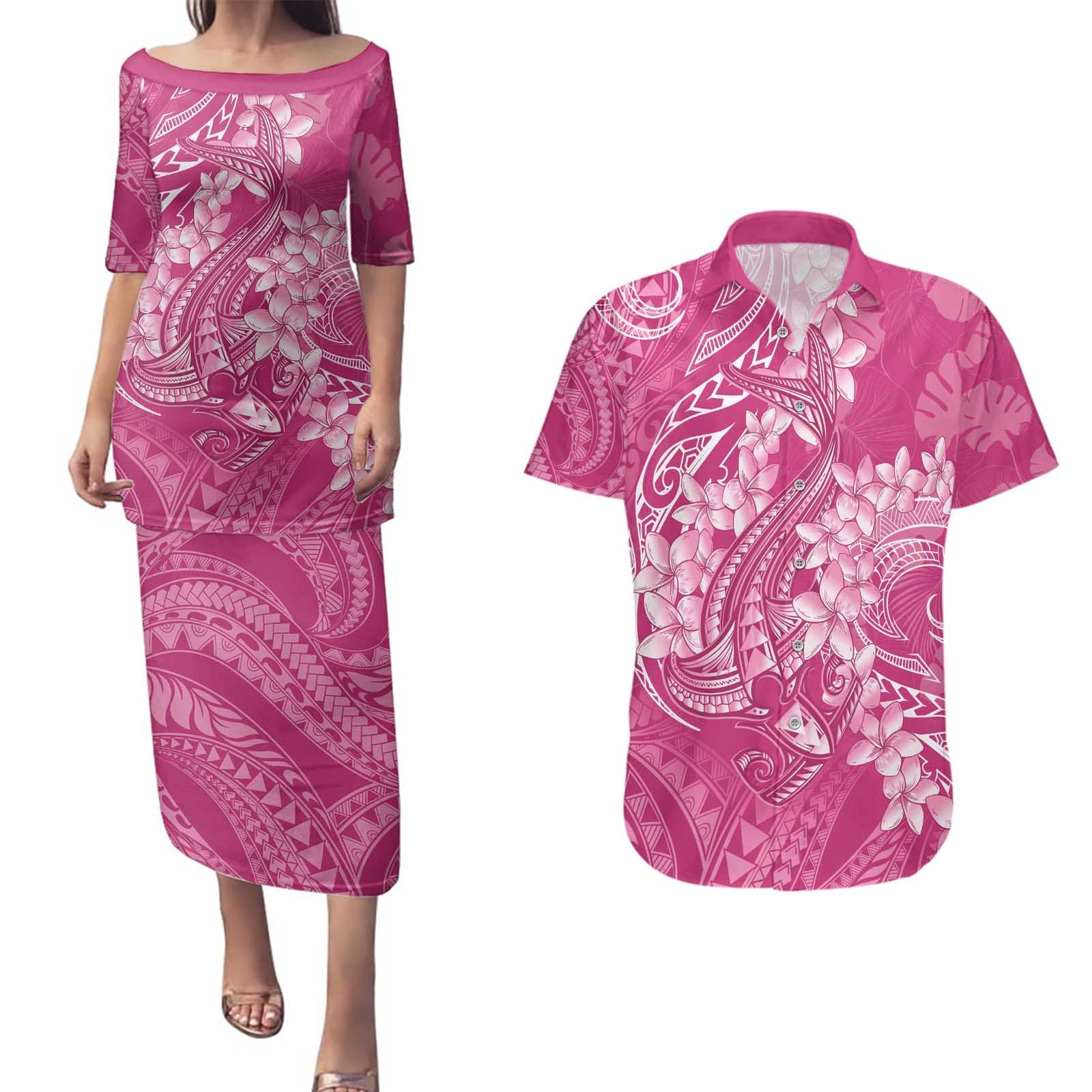 Pink Polynesia Hammerhead Shark Tattoo With Plumeria Lei Couples Matching Puletasi and Hawaiian Shirt