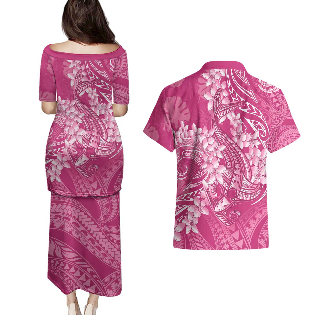 Pink Polynesia Hammerhead Shark Tattoo With Plumeria Lei Couples Matching Puletasi and Hawaiian Shirt
