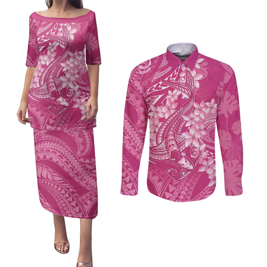 Pink Polynesia Hammerhead Shark Tattoo With Plumeria Lei Couples Matching Puletasi and Long Sleeve Button Shirt