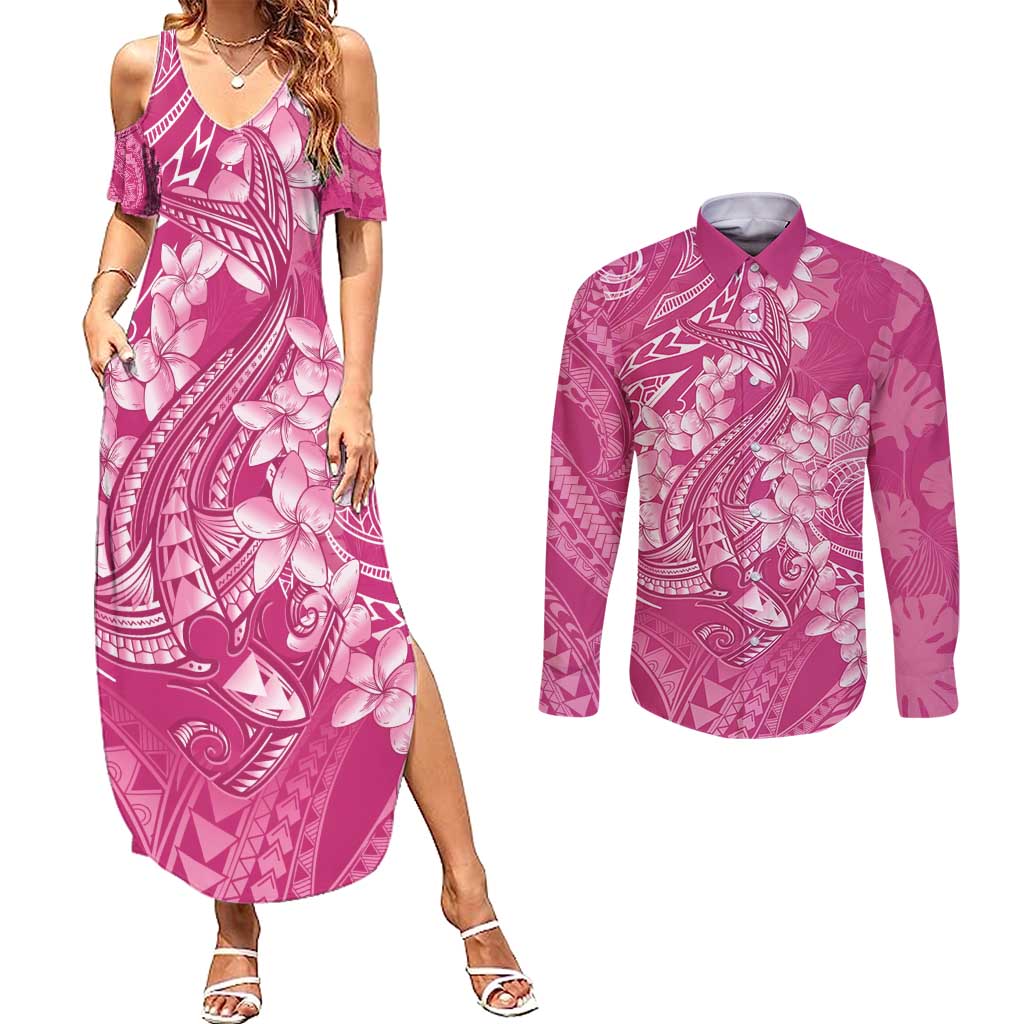 Pink Polynesia Hammerhead Shark Tattoo With Plumeria Lei Couples Matching Summer Maxi Dress and Long Sleeve Button Shirt