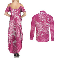 Pink Polynesia Hammerhead Shark Tattoo With Plumeria Lei Couples Matching Summer Maxi Dress and Long Sleeve Button Shirt