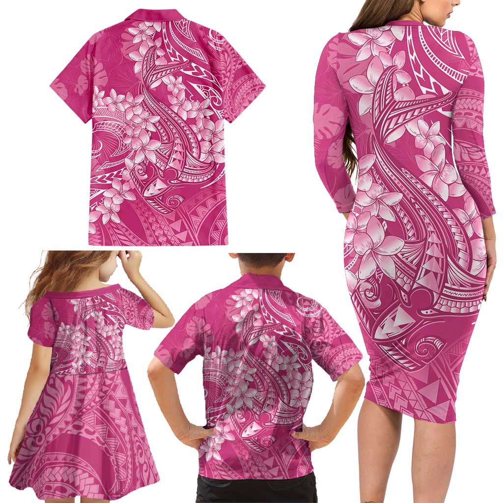 Pink Polynesia Hammerhead Shark Tattoo With Plumeria Lei Family Matching Long Sleeve Bodycon Dress and Hawaiian Shirt LT14 - Polynesian Pride