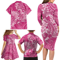 Pink Polynesia Hammerhead Shark Tattoo With Plumeria Lei Family Matching Long Sleeve Bodycon Dress and Hawaiian Shirt LT14 - Polynesian Pride
