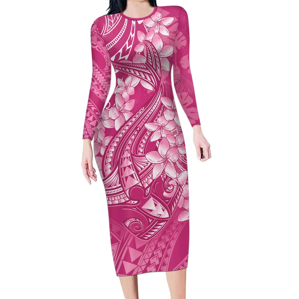 Pink Polynesia Hammerhead Shark Tattoo With Plumeria Lei Family Matching Long Sleeve Bodycon Dress and Hawaiian Shirt LT14 Mom's Dress Pink - Polynesian Pride