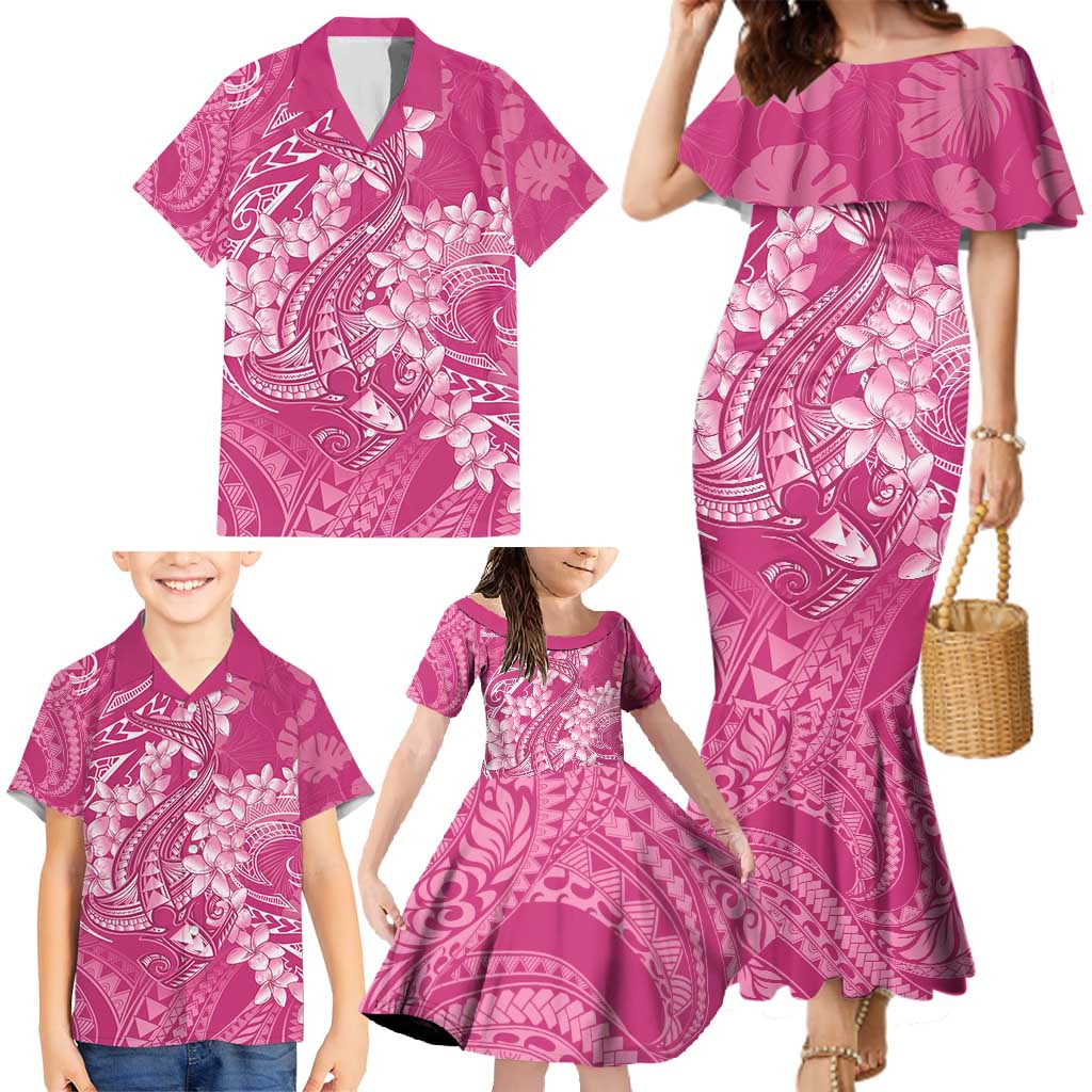 Pink Polynesia Hammerhead Shark Tattoo With Plumeria Lei Family Matching Mermaid Dress and Hawaiian Shirt LT14 - Polynesian Pride
