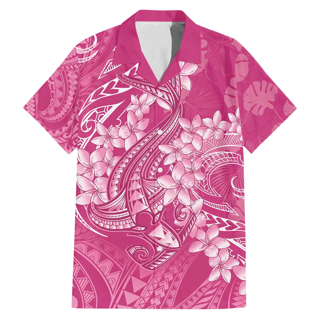 Pink Polynesia Hammerhead Shark Tattoo With Plumeria Lei Family Matching Mermaid Dress and Hawaiian Shirt LT14 Dad's Shirt - Short Sleeve Pink - Polynesian Pride