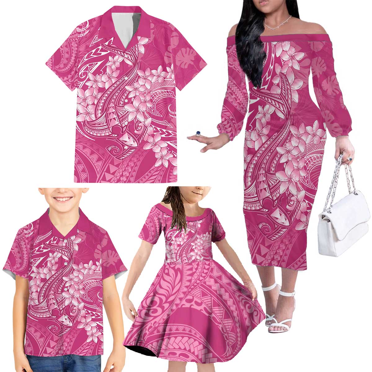 Pink Polynesia Hammerhead Shark Tattoo With Plumeria Lei Family Matching Off The Shoulder Long Sleeve Dress and Hawaiian Shirt LT14 - Polynesian Pride