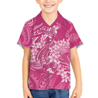 Pink Polynesia Hammerhead Shark Tattoo With Plumeria Lei Family Matching Off The Shoulder Long Sleeve Dress and Hawaiian Shirt LT14 Son's Shirt Pink - Polynesian Pride