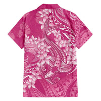 Pink Polynesia Hammerhead Shark Tattoo With Plumeria Lei Family Matching Off Shoulder Maxi Dress and Hawaiian Shirt