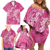 Pink Polynesia Hammerhead Shark Tattoo With Plumeria Lei Family Matching Off Shoulder Short Dress and Hawaiian Shirt