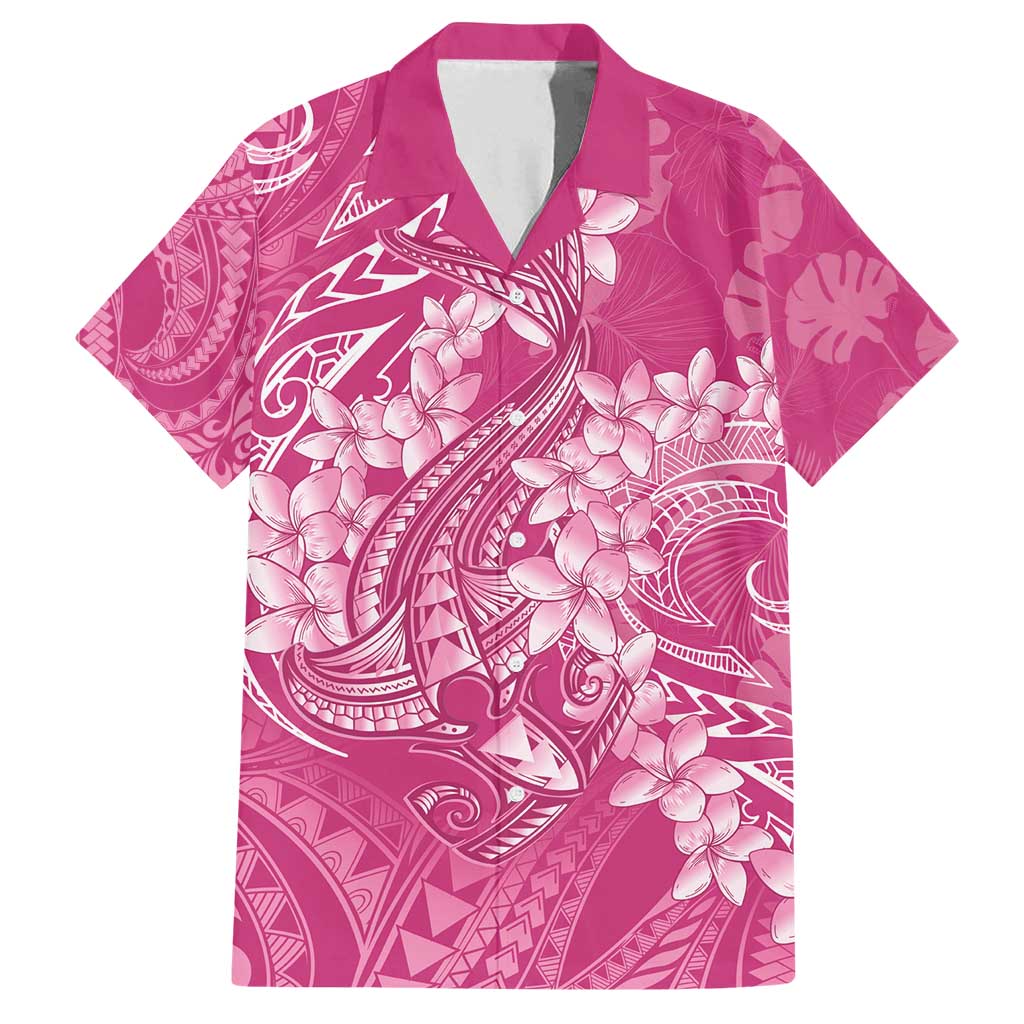 Pink Polynesia Hammerhead Shark Tattoo With Plumeria Lei Family Matching Off Shoulder Short Dress and Hawaiian Shirt