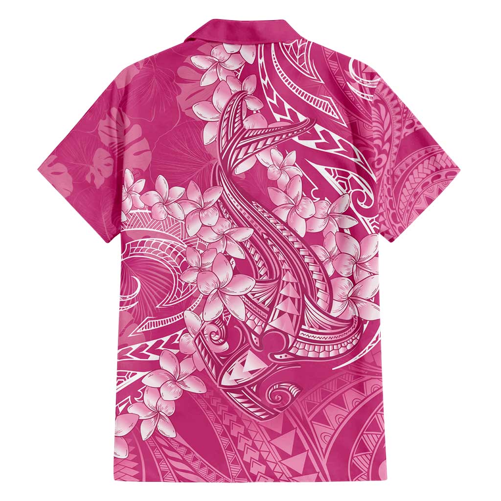 Pink Polynesia Hammerhead Shark Tattoo With Plumeria Lei Family Matching Off Shoulder Short Dress and Hawaiian Shirt