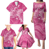 Pink Polynesia Hammerhead Shark Tattoo With Plumeria Lei Family Matching Puletasi and Hawaiian Shirt