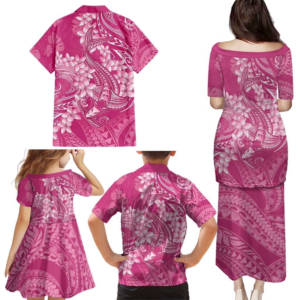 Pink Polynesia Hammerhead Shark Tattoo With Plumeria Lei Family Matching Puletasi and Hawaiian Shirt