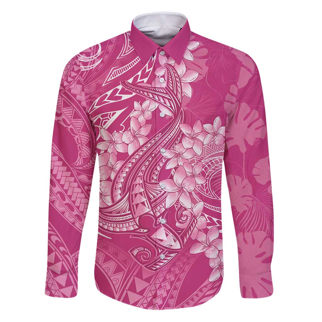 Pink Polynesia Hammerhead Shark Tattoo With Plumeria Lei Family Matching Puletasi and Hawaiian Shirt